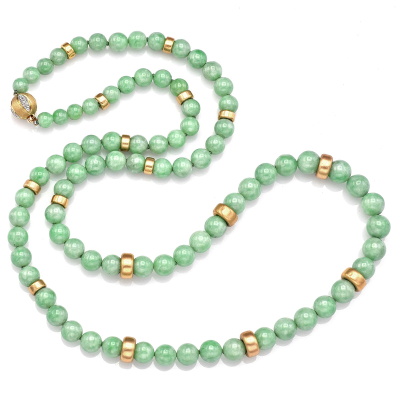 Lise Mori K 14K Yellow Gold Burmese Jade & Diamond Beaded Necklace