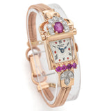 Antique Bulova 14K Yellow Gold Ruby & Diamond Hand Wind Women's Watch +Box