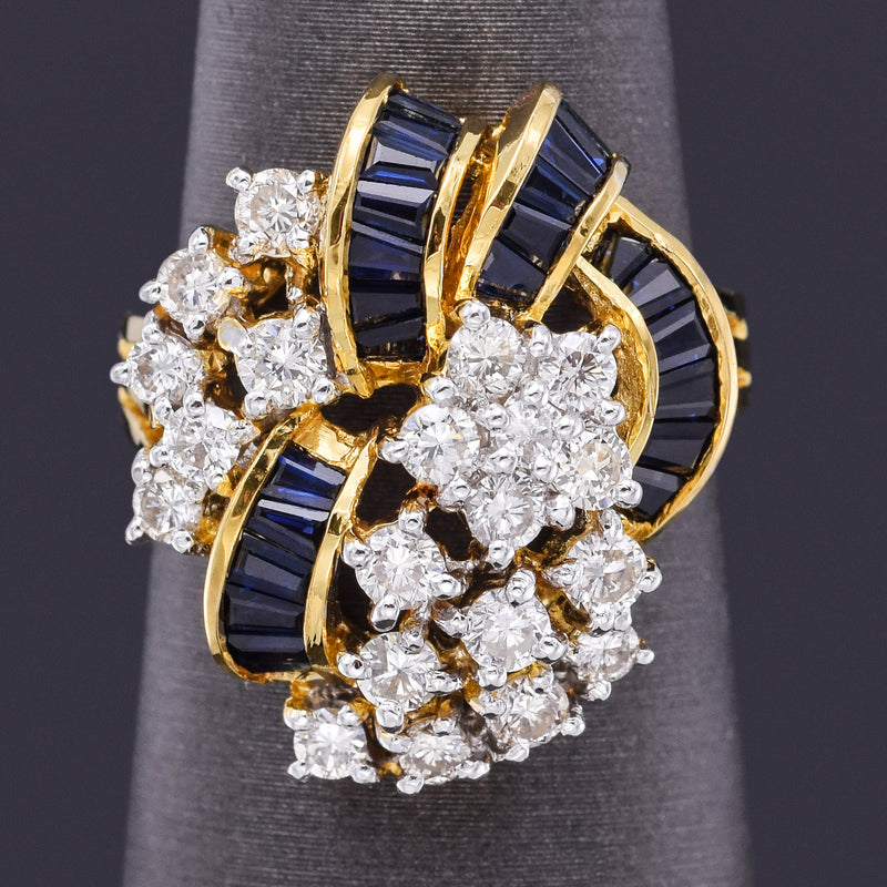 Vintage 18K Yellow Gold Blue Sapphire & 1.17 TCW Diamond Cocktail Ring + Box