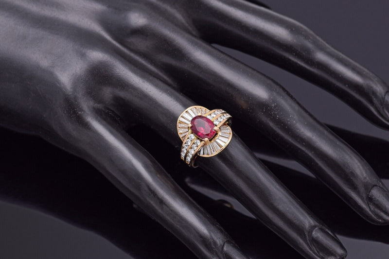 Vintage 18K Gold Lab Ruby & 1.28 TCW Diamond Cocktail Ring 6.3Gr Size 4 G/H VS