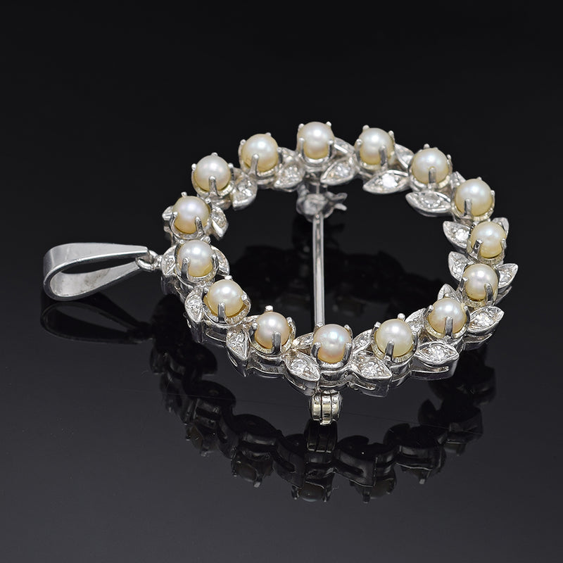 Vintage 18K White Gold Sea Pearl & 0.60 TCW Diamond Brooch Pin Pendant