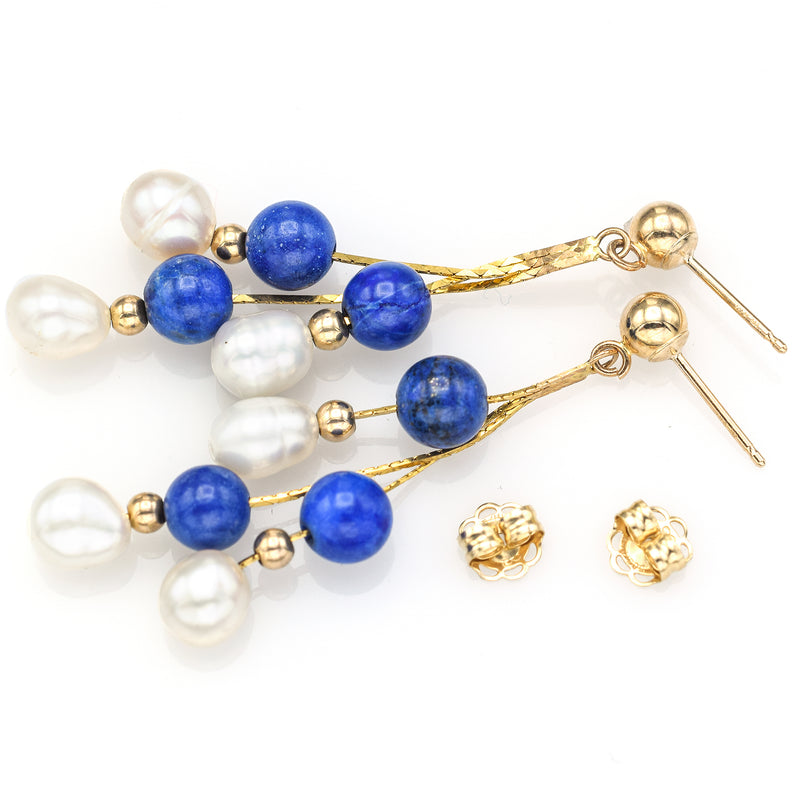 Vintage 14K Yellow Gold Lapis & Sea Pearl Beaded Multi-Strand Dangle Earrings