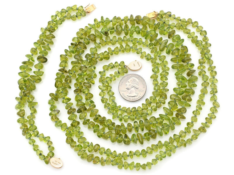Vintage GUMP'S 14K Yellow Gold Peridot Beaded Strand Bracelet & Necklace Set