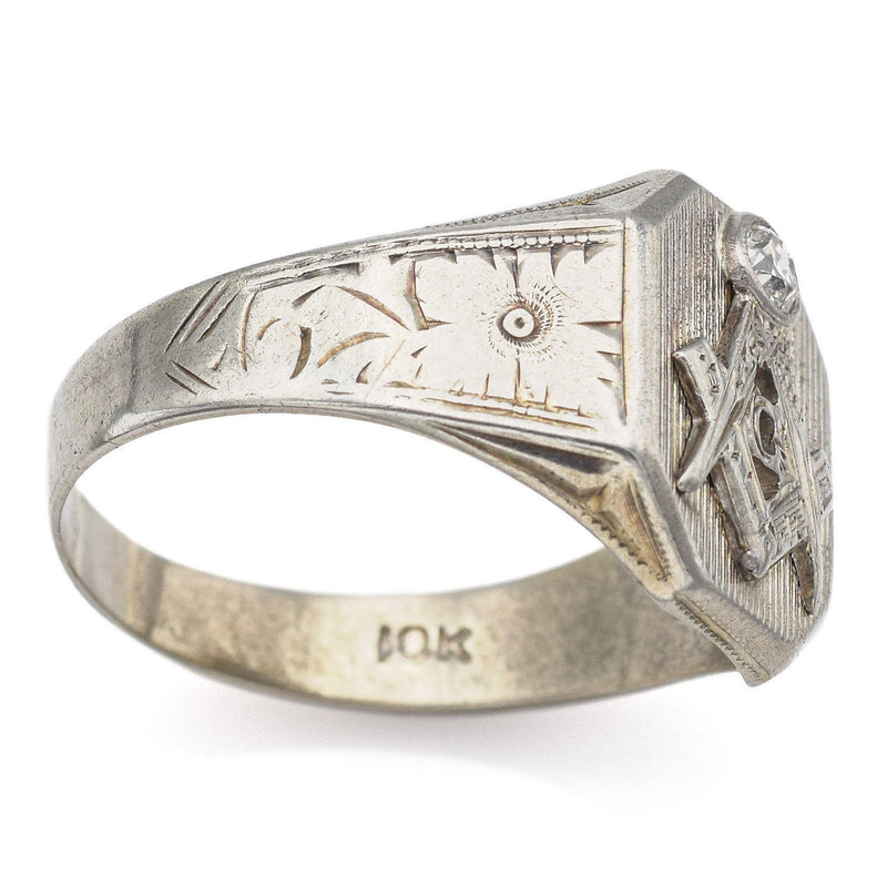 Vintage 10K White Gold Diamond Freemason Masonic Signet Ring Size 10