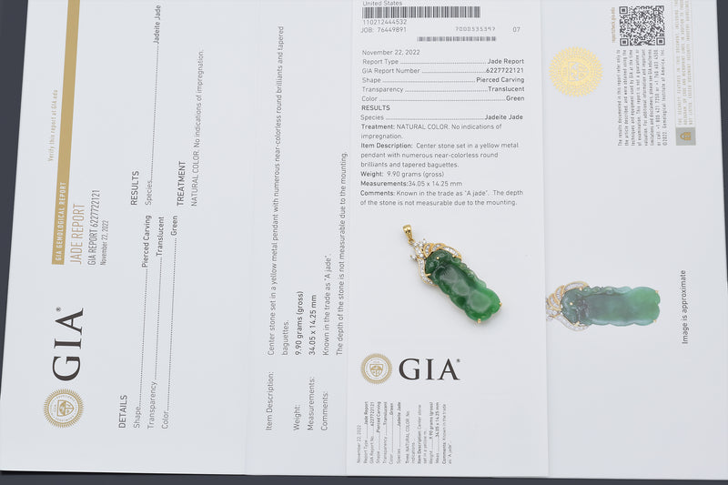 GIA 18K Gold Natural Translucent Green Grade A Jadeite Jade & Diamond Pendant