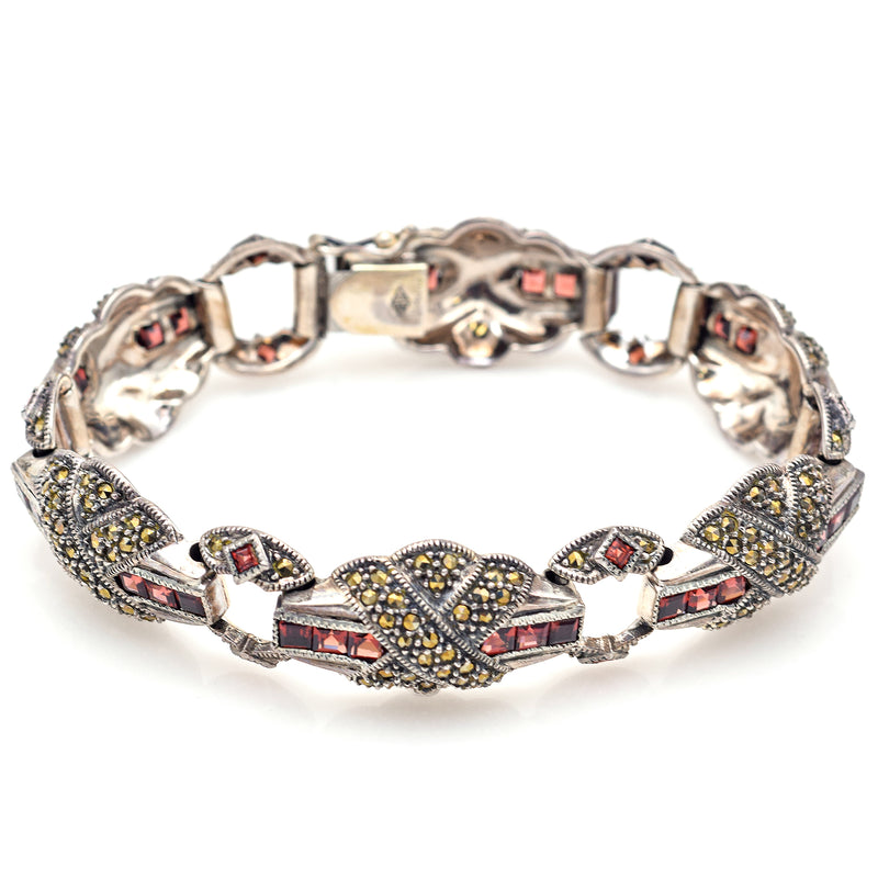 Vintage Judith Jack Sterling Silver Garnet & Marcasite Link Bracelet 16 mm