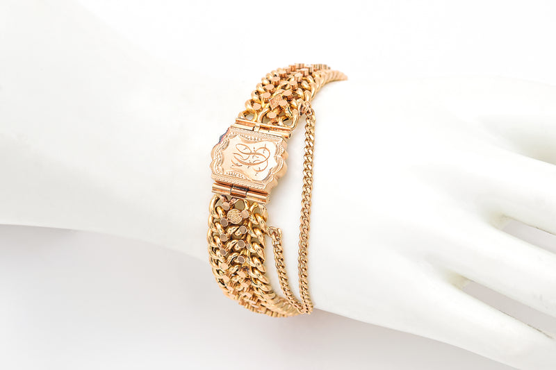 Antique Victorian 14K Gold Three-Row Cuban Link Wide Chain Bracelet 30.7 Grams