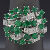 Vintage 14K White Gold Emerald & 0.55 TCW Diamond Cluster Cocktail Ring