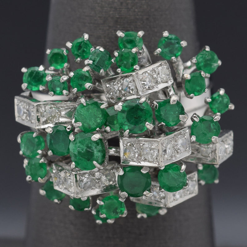 Vintage 14K White Gold Emerald & 0.55 TCW Diamond Cluster Cocktail Ring