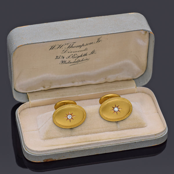 Antique 14K Yellow Gold Diamond Oval Starburst Cufflinks + Box 6.3 Grams