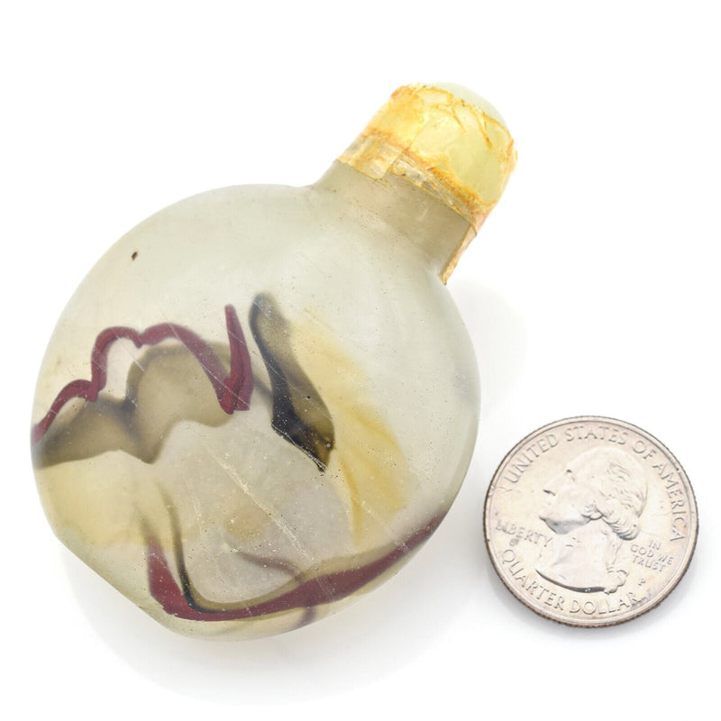 Antique Chinese White & Brown Peking Glass & Jade Cap Snuff Bottle 40.7 Grams
