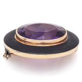 Antique 14K Yellow Gold 13.78 Carat Amethyst Enamel Mourning Brooch Pin