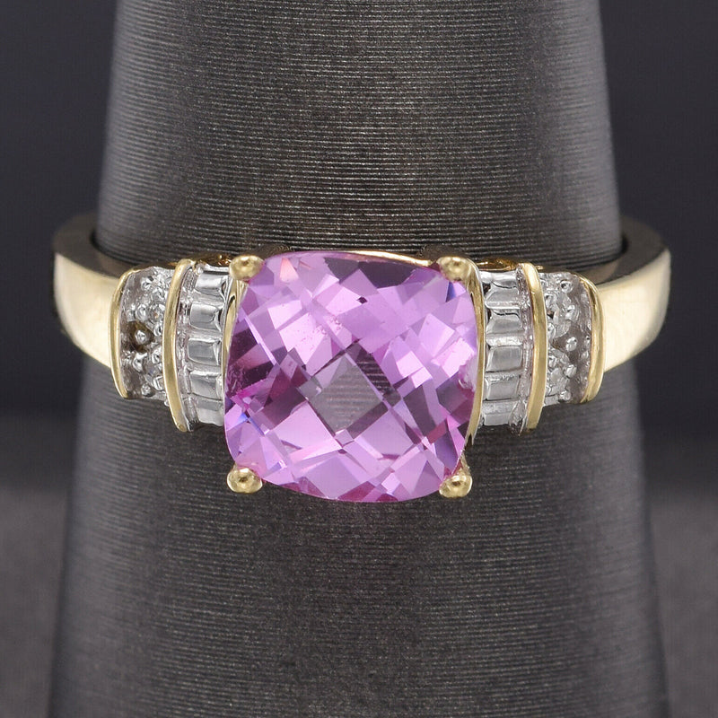 Vintage 10K Yellow Gold Pink Sapphire & Diamond Band Ring