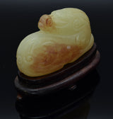 Antique White Red Mutton Fat Jade Carved Lion Beast Figurine with Stand