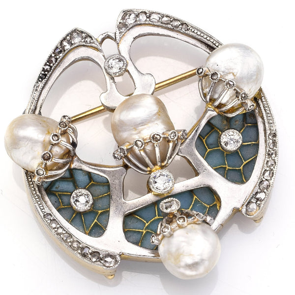Antique Platinum & 18K Gold Diamond & Sea Pearl Art Deco Brooch Pendant