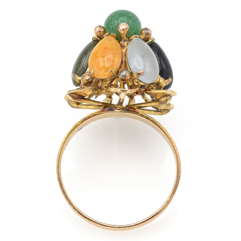 Vintage 14K Yellow Gold Multi-Color Jade Thai Princess Harem Cluster Ring