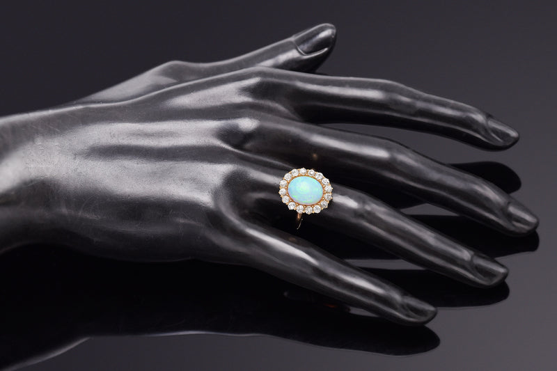 Antique 14K Yellow Gold Opal & 0.96 TCW Diamond Cocktail Ring 4.3 Grams Size 7