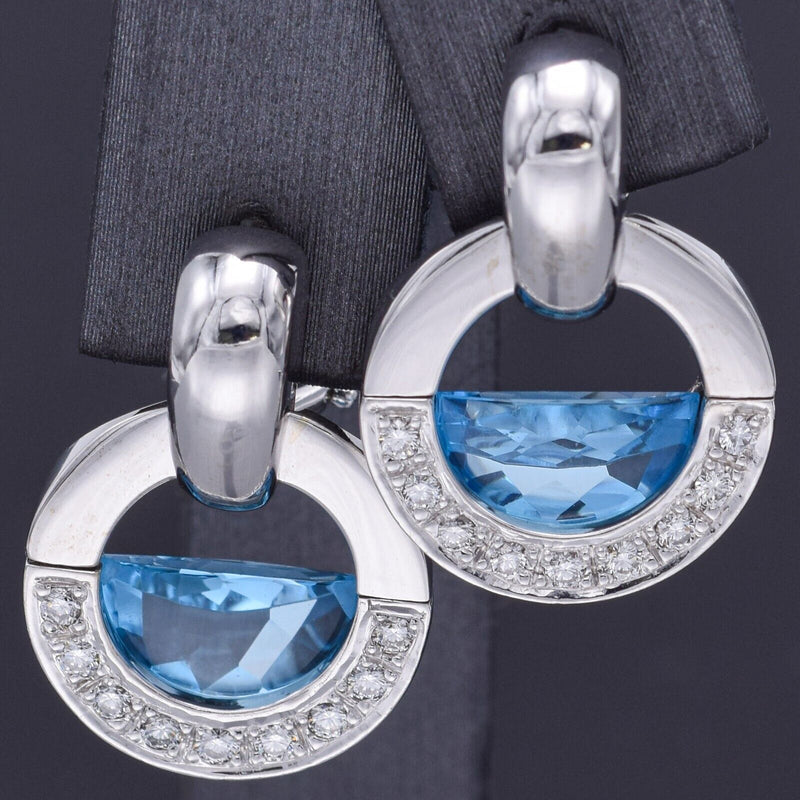 Movado 18K White Gold Blue Topaz & Diamond Omega-Back Radius Earrings 15.8 Grams