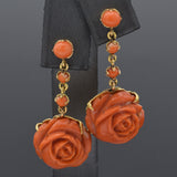Vintage 18K Yellow Gold Red Coral Carved Rose Flower Pendant & Earrings Set