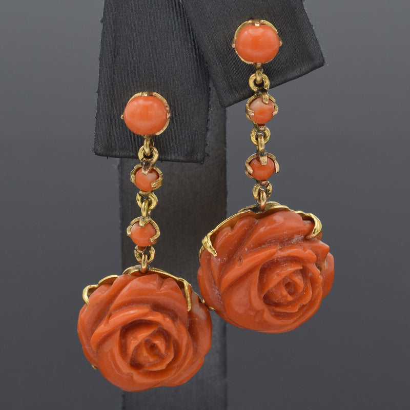 Vintage 18K Yellow Gold Red Coral Carved Rose Flower Pendant & Earrings Set