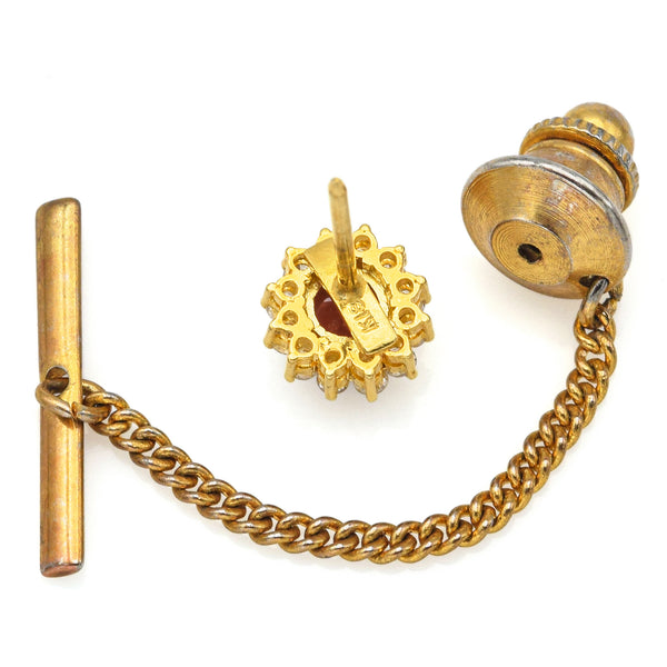 Vintage 18K Yellow Gold 0.24 TCW Diamond & Garnet Lapel Pin Tie Tack
