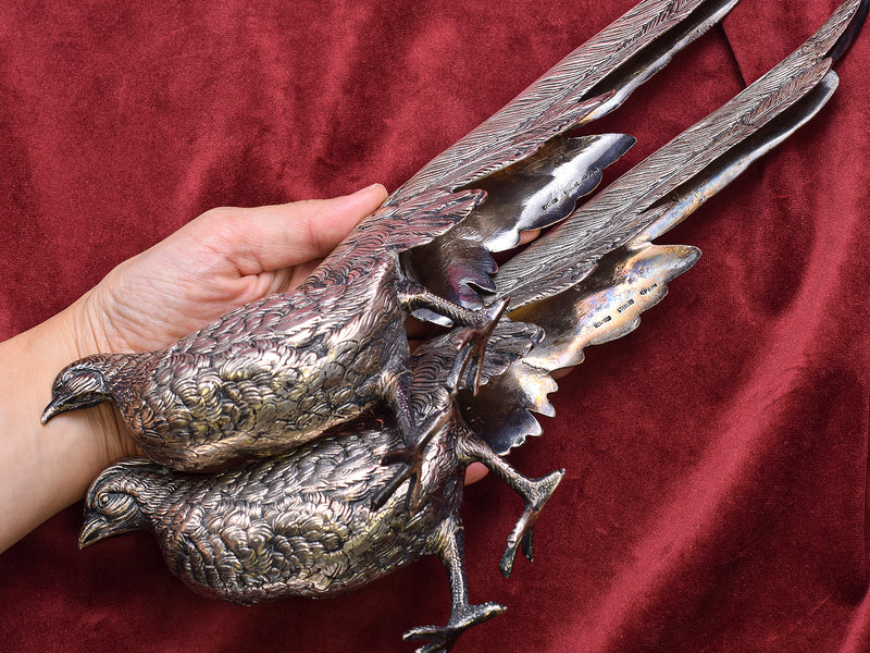 IF & SON Pair of Vintage Spanish Sterling Silver Pheasant Bird Large Figurines