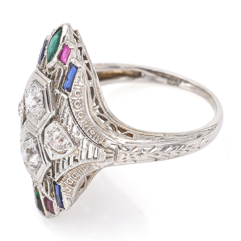 Antique 18K Gold 0.50 TCW Diamond, Pink Blue Spinel & Green Paste Art Deco Ring