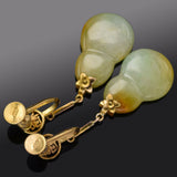 Vintage 14K Gold Green Yellow Jade 福 Blessed Gourd Screwback Drop Earrings 9.0Gr