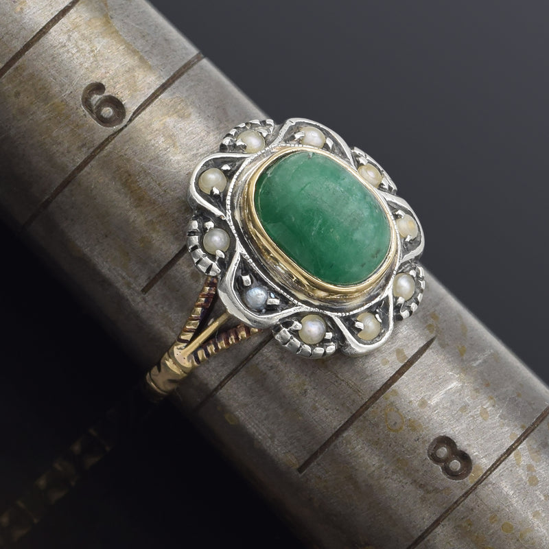 Antique 14K Yellow Gold & Sterling Silver Emerald & Sea Pearl Cocktail Ring