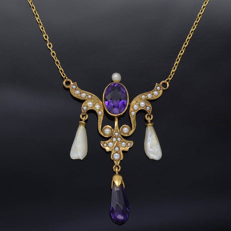 Antique 14K Yellow Gold Amethyst & Sea Pearl Pendant Necklace