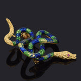 Vintage 18K Yellow Gold Ruby Green & Blue Enamel Snake Brooch Pin