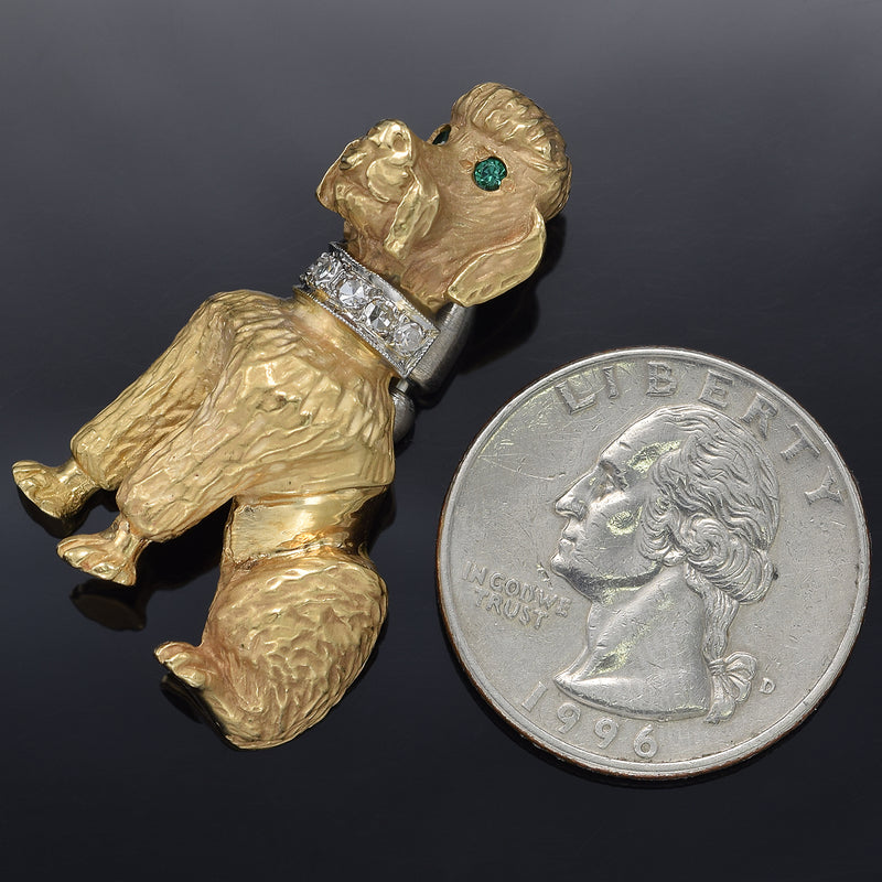 Vintage 14K Yellow Gold Emerald & Diamond Poodle Dog Brooch Pin
