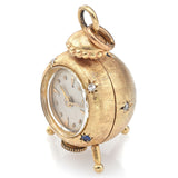 Vintage 14K Yellow Gold Diamond & Sapphire Hand Wind Clock Charm Pendant