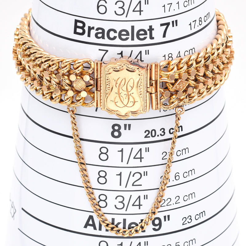 Antique Victorian 14K Gold Three-Row Cuban Link Wide Chain Bracelet 30.7 Grams