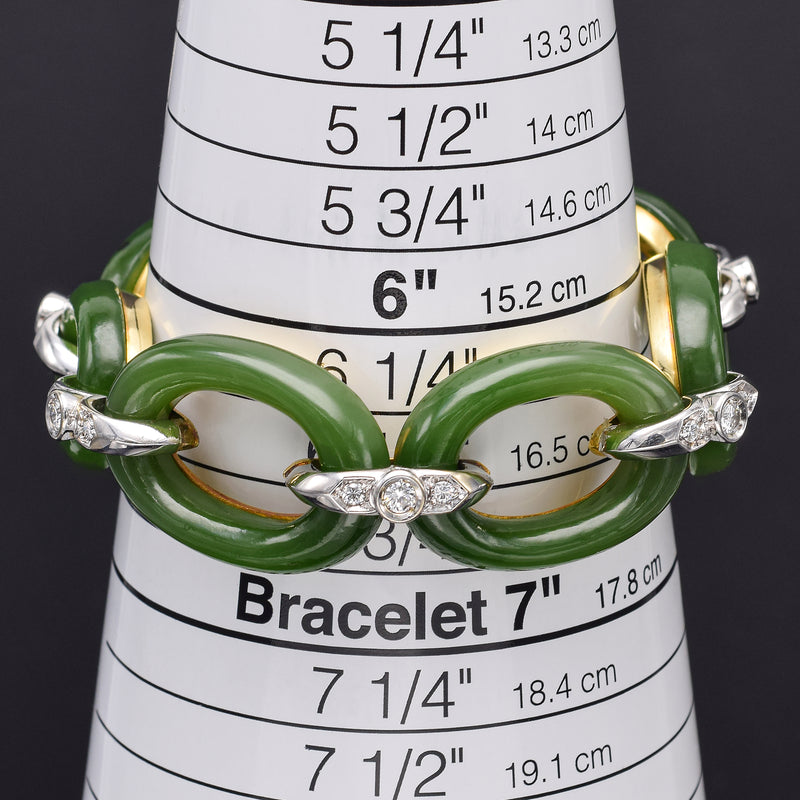 18K Gold Green Jade & 7.48 TCW Diamond Cable Link Necklace Earrings Bracelet Set