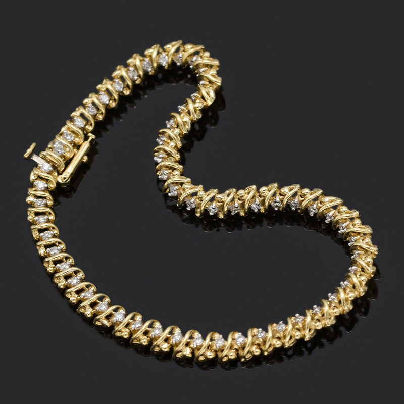 Vintage 14K Yellow Gold 1.10 TCW Diamond Swirl Link Tennis Bracelet