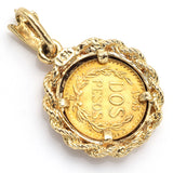 Vintage 22K 1945 Dos Pesos Mexican Coin & Diamond 14K Gold Pendant