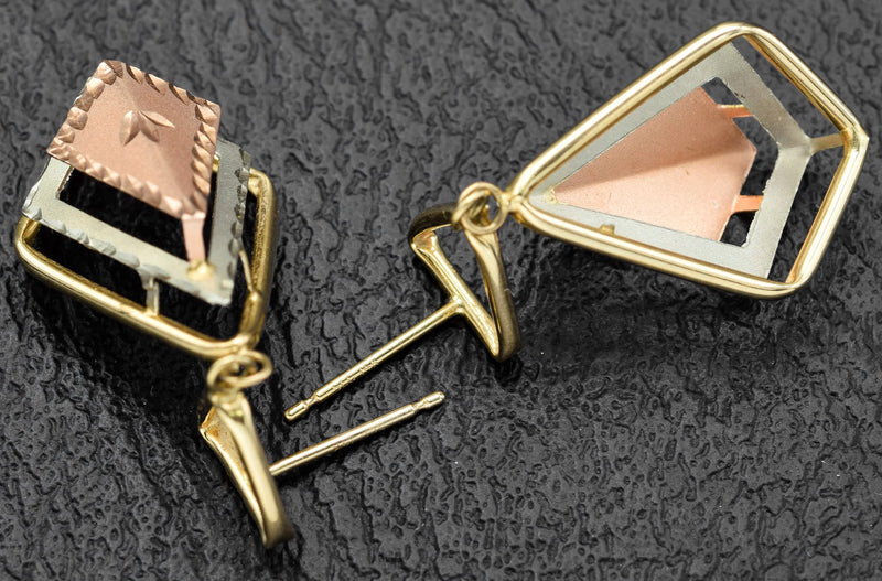 Vintage 14K Yellow, Rose & White Gold Etched Geometric Dangle Earrings