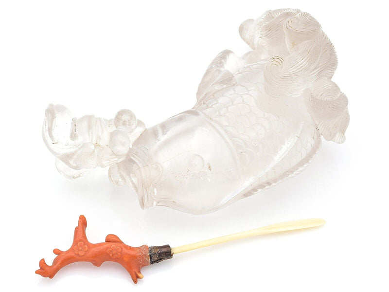 Antique Chinese Clear Quartz & Red Coral Carved Koi Fish Snuff Bottle 282.6 Gr