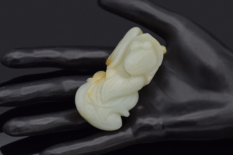 Antique Pale Green Mutton Fat Jade Carved Deity Figurine Pendant 67.4 Grams