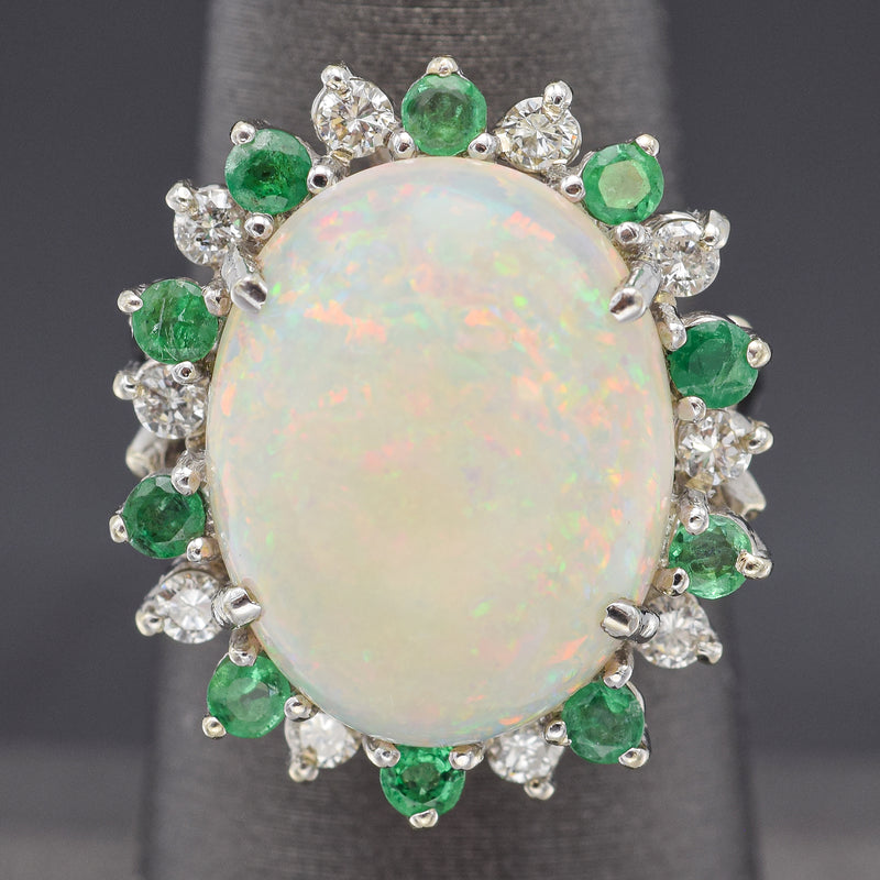 Vintage 14K White Gold 6.99 Ct Opal, Emerald & 0.40 TCW Diamond Cocktail Ring