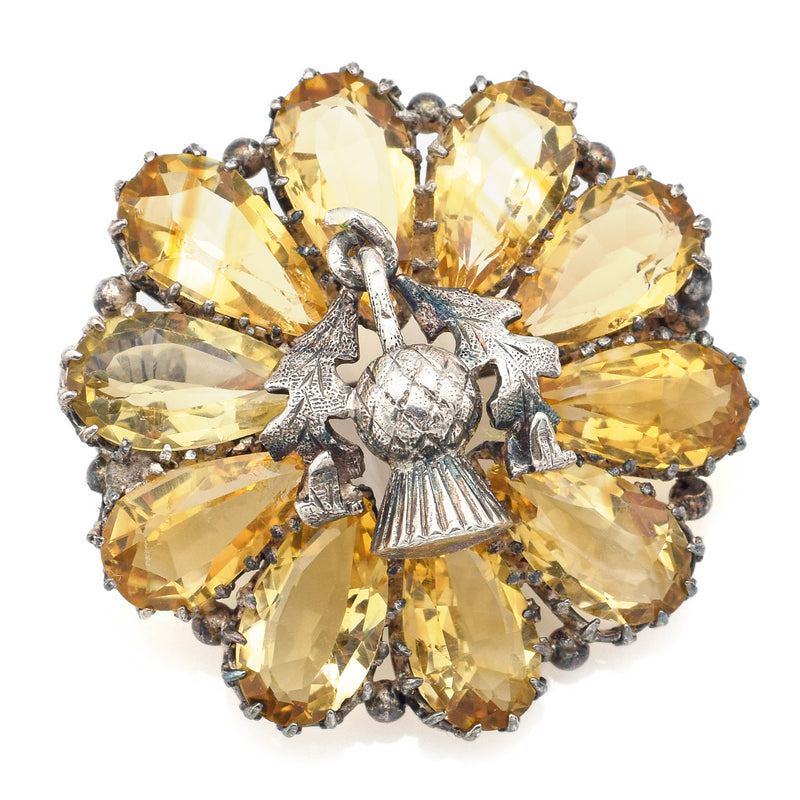 Antique Sterling Silver Citrine Floral Brooch Pin 29.6 x 29.3 mm