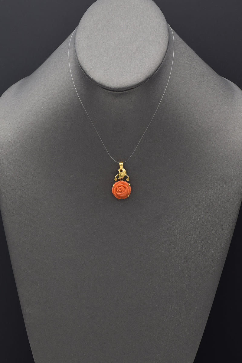 Vintage 18K Yellow Gold Red Coral Carved Rose Flower Pendant & Earrings Set