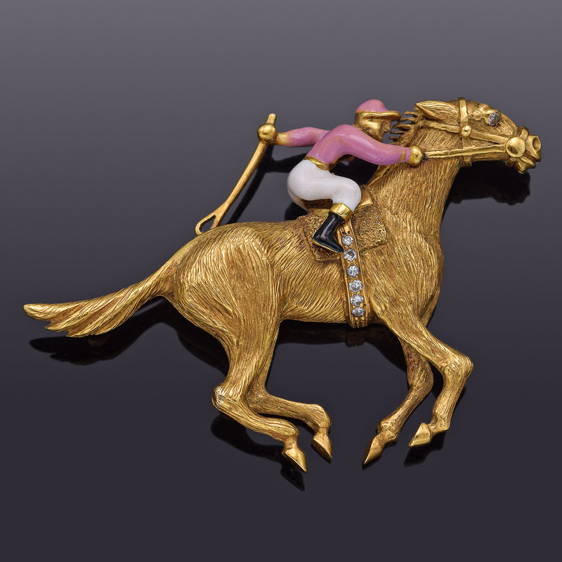 Vintage 18K Gold Diamond Enamel Horse and Jockey Equestrian Brooch Pin