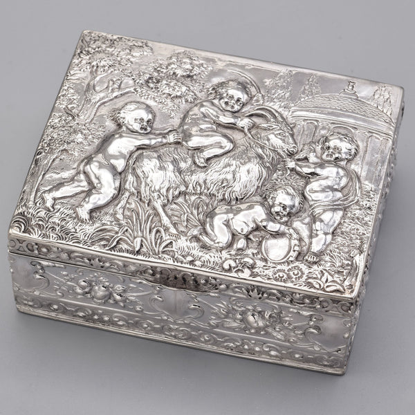 Antique 800 Silver Victorian Cherub & Goat Etched Case Box