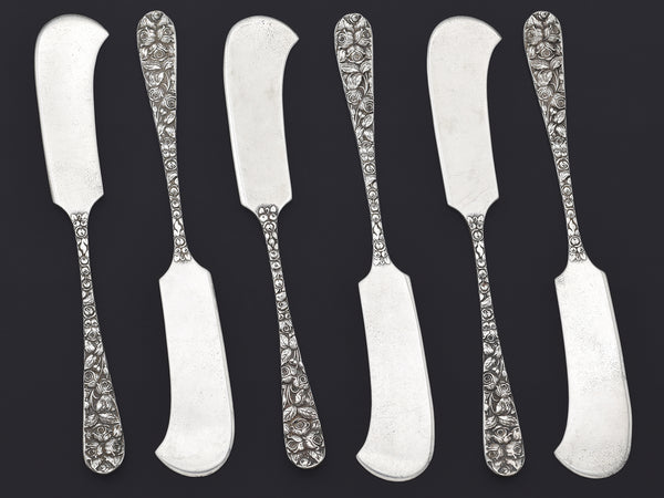 Set of 6 Antique Schofield Sterling Silver Baltimore Rose Butter Spreaders No Mono