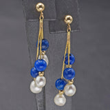 Vintage 14K Yellow Gold Lapis & Sea Pearl Beaded Multi-Strand Dangle Earrings