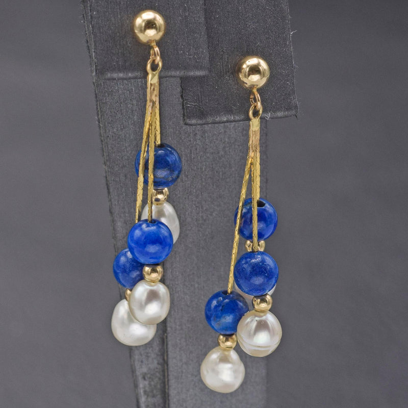 Vintage 14K Yellow Gold Lapis & Sea Pearl Beaded Multi-Strand Dangle Earrings