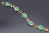 Vintage 14K Yellow Gold Green Jade Floral Carved Oval Link Bracelet 19.8 Grams