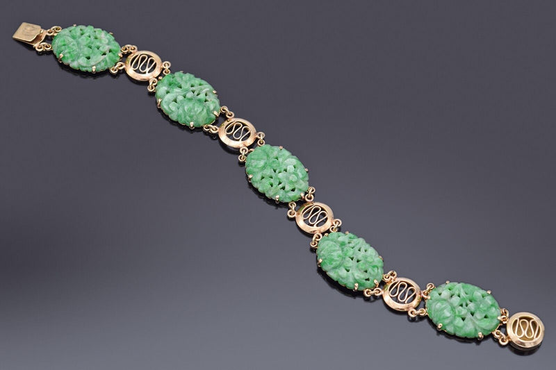Vintage 14K Yellow Gold Green Jade Floral Carved Oval Link Bracelet 19.8 Grams